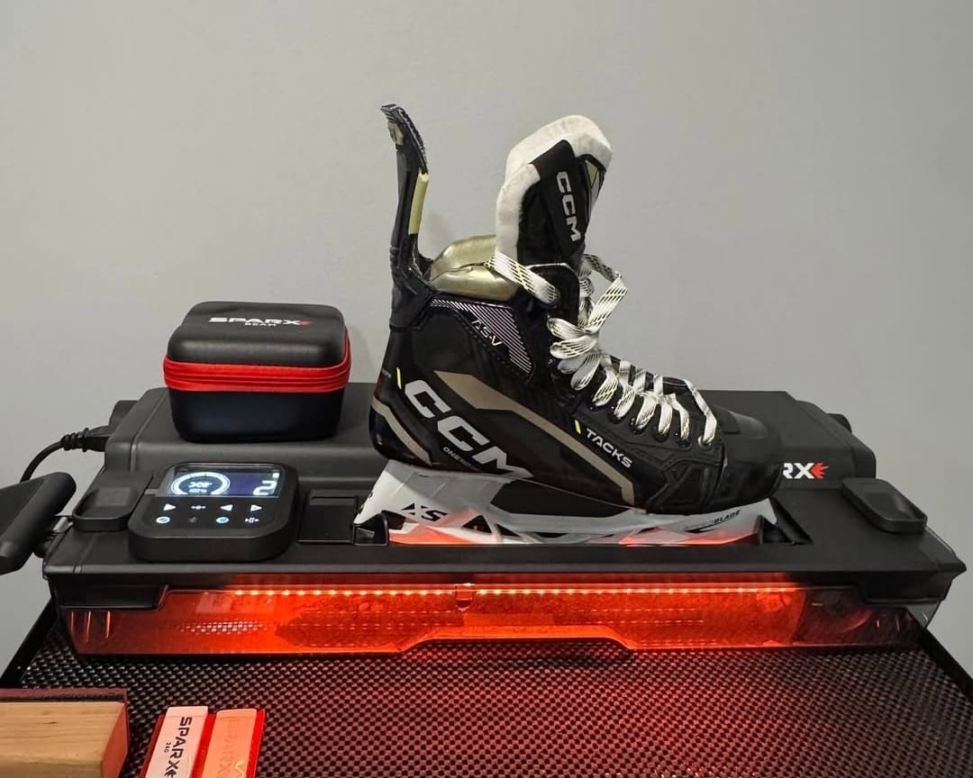 Ryan and Tyler's Sparx machine sharpening a CCM hockey skate